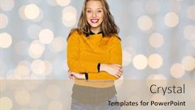  Presentation with casual young people - Theme enhanced with people style and fashion concept - happy young woman or teen girl in casual clothes over holidays lights background background and a soft green colored foreground