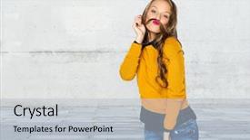 Presentation with casual young people - PPT layouts with people style and fashion concept - happy young woman or teen girl in casual clothes having fun making mustache of her hair strand over urban street background background and a light gray colored foreground