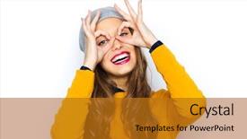  Presentation with casual young people - Presentation theme featuring people style and fashion concept - happy young woman or teen girl in casual clothes and hipster hat having fun background and a gold colored foreground