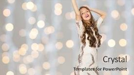  Presentation with fancy dress - Presentation design having people style holidays and fashion concept - happy young woman or teen girl in fancy dress with sequins and long wavy hair dancing at party over holidays lights background background and a lemonade colored foreground