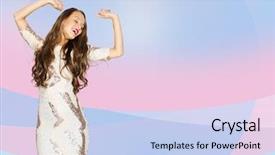  Presentation with fancy dress - Beautiful PPT theme featuring people style holidays and fashion concept - happy young woman or teen girl in fancy dress with sequins and long wavy hair dancing at party over pink violet background backdrop and a light blue colored foreground