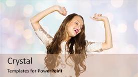  Presentation with fancy dress - Audience pleasing presentation theme consisting of people style holidays and fashion concept - happy young woman or teen girl in fancy dress with sequins and long wavy hair dancing at party over holidays lights background backdrop and a coral colored foreground