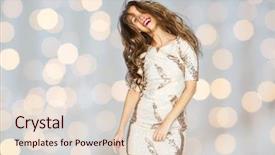  Presentation with fancy dress - Slides with people style holidays hairstyle and fashion concept - happy young woman or teen girl in fancy dress with sequins and long wavy hair dancing at party over lights background background and a lemonade colored foreground