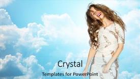  Presentation with fancy dress - Slide deck featuring people style holidays hairstyle and fashion concept - happy young woman or teen girl in fancy dress with sequins and long wavy hair dancing at party over blue sky and clouds background background and a light blue colored foreground