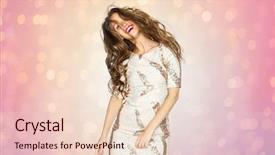  Presentation with fancy dress - Amazing PPT theme having people style holidays hairstyle and fashion concept - happy young woman or teen girl in fancy dress with sequins and long wavy hair dancing at party over rose quartz and serenity lights background backdrop and a lemonade colored foreground