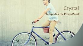  Presentation with man riding big bike motor - Presentation theme featuring people style leisure and lifestyle - young hipster man riding fixed gear bike on city street background and a soft green colored foreground