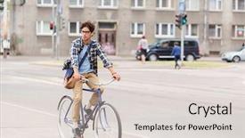  Presentation with people street - PPT theme enhanced with people style leisure and lifestyle - young hipster man with shoulder bag riding fixed gear bike on tallinn city street background and a lemonade colored foreground