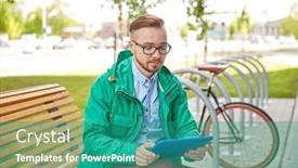  Presentation with man sitting bench - Colorful PPT layouts enhanced with people style technology and lifestyle - happy young hipster man with tablet pc computer and fixie bike sitting on bench in city backdrop and a teal colored foreground