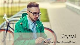  Presentation with man sitting bench - PPT layouts consisting of people style technology and lifestyle - young hipster man with smartphone and fixie byke sitting on bench in city background and a soft green colored foreground