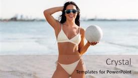  Presentation with young happy people smiling - Slides with people-summer-and-leisure-concept background and a coral colored foreground