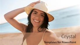  Presentation with young happy people smiling - Theme consisting of people-summer-and-swimwear-concept background and a coral colored foreground