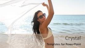  Presentation with young happy people smiling - Presentation theme enhanced with people-summer-and-swimwear-concept background and a coral colored foreground