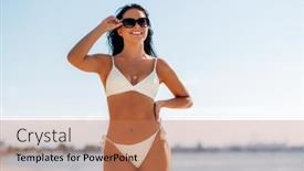  Presentation with young happy people smiling - Slide set featuring people-summer-and-swimwear-concept background and a coral colored foreground