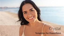  Presentation with young happy people smiling - Presentation theme consisting of people-summer-and-swimwear-concept background and a coral colored foreground