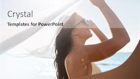  Presentation with young happy people smiling - PPT theme with people-summer-and-swimwear-concept background and a white colored foreground