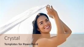  Presentation with young happy people smiling - Slide deck having people-summer-and-swimwear-concept background and a coral colored foreground