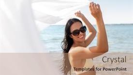  Presentation with young happy people smiling - Theme featuring people-summer-and-swimwear-concept background and a coral colored foreground