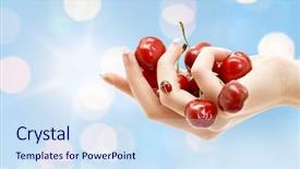  Presentation with blue lights - Colorful presentation theme enhanced with people summer fruits hand berries concept - female hand full of red cherries over blue lights background backdrop and a sky blue colored foreground