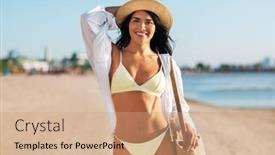  Presentation with beach bag - Presentation design having people-summer-holidays-and-leisure background and a coral colored foreground