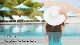  Presentation with tourism hotel - Amazing presentation having people summer holidays travel tourism and vacation concept - woman in swimsuit and sun hat from back over exotic hotel resort beach with swimming pool and sunbeds background backdrop and a light blue colored foreground
