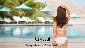  Presentation with tourism hotel - Audience pleasing PPT layouts consisting of people summer holidays travel tourism and vacation concept - woman in bikini swimsuit from back over exotic hotel resort beach with swimming pool and sunbeds background backdrop and a lemonade colored foreground