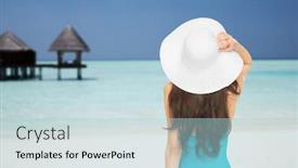 Presentation with summer sun - Audience pleasing theme consisting of people summer holidays travel tourism and vacation concept - woman in swimsuit and sun hat from back over maldives beach with bungalow background backdrop and a light blue colored foreground