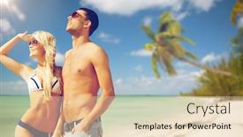  Presentation with summer trees - Amazing slide deck having people summer holidays travel and vacation concept - happy couple over exotic tropical beach with palm trees background backdrop and a lemonade colored foreground