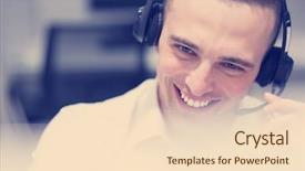  Presentation with centre d appel - Amazing presentation design having people support - young smiling male call centre backdrop and a  colored foreground