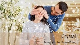  Presentation with dating - Slide set enhanced with people surprise and dating concept - happy couple drinking tea at cafe or restaurant background and a coral colored foreground