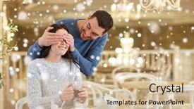  Presentation with dating - Theme enhanced with people surprise and dating concept - happy couple drinking tea at cafe or restaurant background and a soft green colored foreground