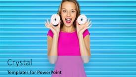  Presentation with teen food - Colorful slide set enhanced with people sweets and fast food concept - happy young woman or teen girl in pink dress with donuts over blue ribbed background backdrop and a light blue colored foreground