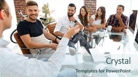  Presentation with desk - Cool new PPT layouts with people talking - business team sitting backdrop and a sky blue colored foreground