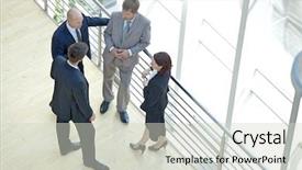  Presentation with five business people standing together and smiling - PPT layouts with people talking - businessmen and woman standing together background and a soft green colored foreground