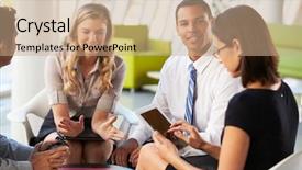  Presentation with digital technology and urbanization - PPT layouts with people talking - businesspeople with digital tablet having background and a coral colored foreground