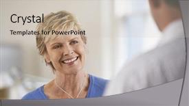  Presentation with middle ages - Colorful slide set enhanced with people talking - smiling middle aged businesswoman discussing backdrop and a soft green colored foreground