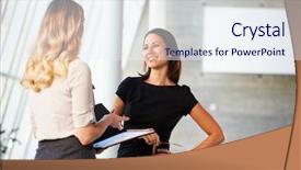  Presentation with two people talking - Presentation theme featuring people talking - two businesswomen having informal meeting background and a sky blue colored foreground