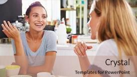  Presentation with two people talking - Colorful slide set enhanced with people talking - two female friends enjoying breakfast backdrop and a coral colored foreground
