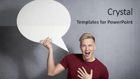  Presentation with news - Colorful slide deck enhanced with people talking bubbles - amazing news surprised handsome man backdrop and a light gray colored foreground