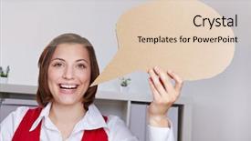  Presentation with balloon - Cool new theme with people talking bubbles - happy business woman in offce backdrop and a lemonade colored foreground