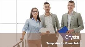  Presentation with business building blocks - Colorful slide deck enhanced with people talking in office building backdrop and a coral colored foreground