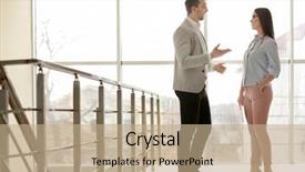  Presentation with people talking - Amazing slide deck having people talking in office building backdrop and a coral colored foreground