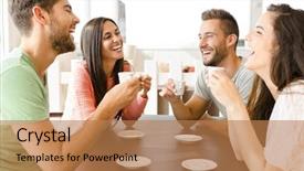  Presentation with coffee shop - Presentation theme featuring people talking restaurant - friends having a great day background and a coral colored foreground