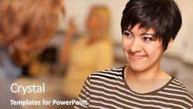  Presentation with party - Slide deck featuring people talking restaurant - smiling young woman socializing background and a coral colored foreground