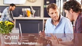  Presentation with coffee shop - Amazing presentation theme having people talking restaurant - two men meeting backdrop and a violet colored foreground