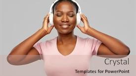 Presentation with african music - Presentation theme consisting of people-technology-and-audio-equipment background and a coral colored foreground