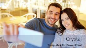  Presentation with dating - PPT theme consisting of people-technology-and-dating-concept background and a teal colored foreground