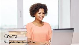  Presentation with education technology - Colorful presentation design enhanced with people technology and education concept - happy african american young woman sitting at table with laptop computer and books at home backdrop and a lemonade colored foreground