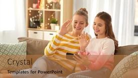  Presentation with friendship - PPT theme having people-technology-and-friendship-concept background and a coral colored foreground