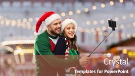  Presentation with happy holidays - Amazing PPT theme having people-technology-and-holidays-concept backdrop and a red colored foreground