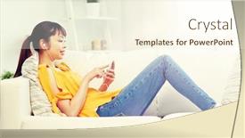  Presentation with asian music - Audience pleasing theme consisting of people technology and leisure concept - happy asian young woman sitting on sofa with smartphone and earphones listening to music at home backdrop and a cream colored foreground